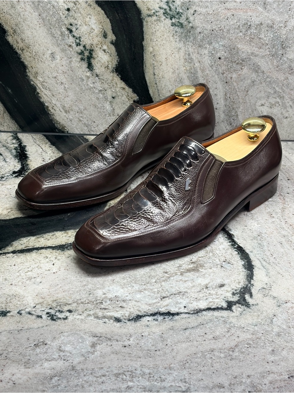A.Testoni Black Label Ostrich Leg Slip-On Shoes UK 8.5G US 9.5 Italy